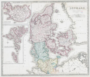 1851 Large antique map of DENMARK ICELAND FAROE ISLANDS Scandinavia (GPM32)
