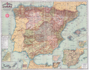 c1920 MAPA GENERAL ESPANA Original antique Lithograph Fold Map SPAIN