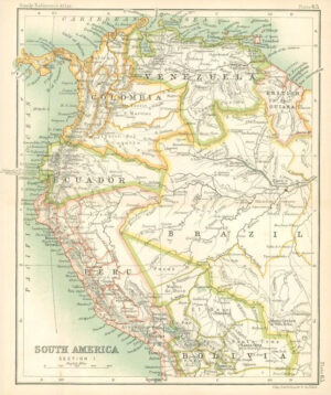 c1912 Map of SOUTH AMERICA SECTION 1 Venezuela Bolivia Peru Chart Regions (BS69)