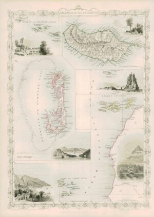 1850 Antique Map "ISLANDS IN THE ATLANTIC" Tallis BERMUDA MADEIRA CANARY (DW31)