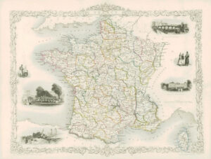 1851 - Original Antique Illustrated Map of  "FRANCE" by Tallis (DW97)