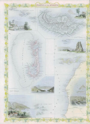 1850 Map "ISLANDS IN THE ATLANTIC" MADEIRA CAPE VERDE Bermuda FULL COLOUR (81)