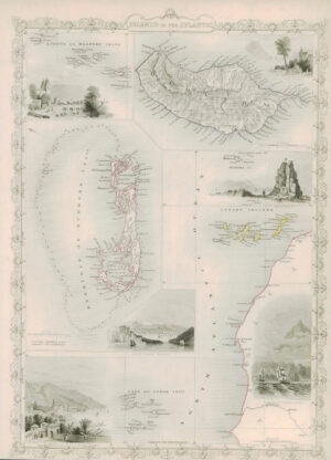 1850 Antique Map "ISLANDS IN THE ATLANTIC" Tallis BERMUDA MADEIRA CANARY (DW34)