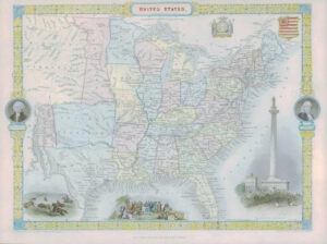 1850 - RARE Original Antique Map of "UNITED STATES" by TALLIS FULL COLOUR (64)