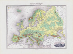 1892 Antique EUROPE PHYSIQUE CARTE HYPSOMÉTRIQUE Europe Hypsometric Map (NAI/11)