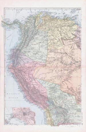 1893 Large Antique Map SOUTH AMERICA N.W North West Lima Brazil Colombia (BPA44)
