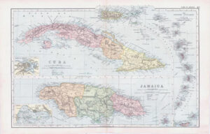 1893 Large Antique Map CUBA JAMAICA The Lesser Antilles Kingston Havana (BPA43)