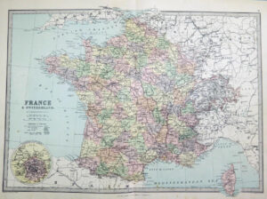 1883 Large Original Antique Colour Map of FRANCE & SWITERLAND Corsica  (PHA)