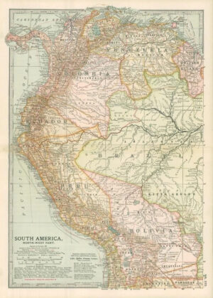 1903  Large Colour Map SOUTH AMERICA North-West Part LIMA QUITO PANAMA  (EB112)