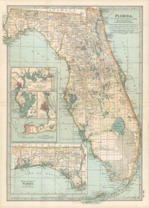 1903 Large Colour Map FLORIDA Western Portion of Florida (EB75)