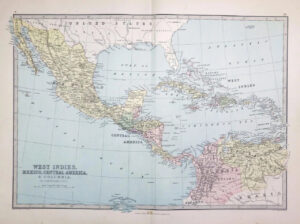 1883 - Large Antique Colour Map of WEST INDIES Mexico Central America  (PHA)