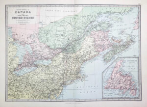 1883 Large Antique Colour Map UNITED STATES CANADA Eastern Regions (PHA)