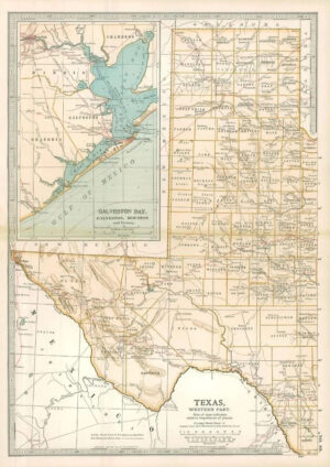 1903  Large Colour Map TEXAS Western Part GALVESTON HOUSTON AND VICINITY (EB81)