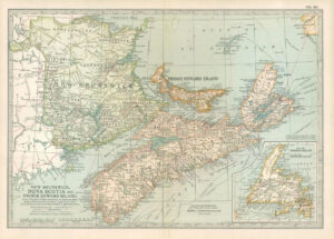 1903  Large Colour Map NEW BRUNSWICK NOVA SCOTIA PRINCE EDWARD ISLAND (EB58)