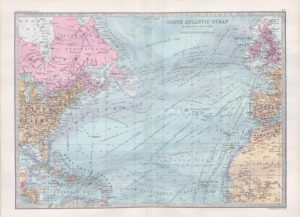 1912 Antique Map NORTH ATLANTIC OCEAN Canada US British Isles (BWM4-56)
