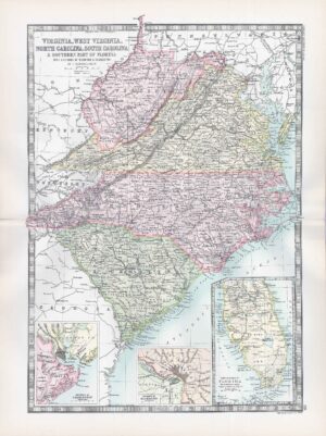 1912 Antique Map VIRGINIA CAROLINA Southern Florida Charleston (BWM4-68)