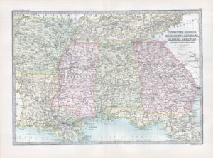 1912 Antique Map TENNESSEE GEORGIA Mississippi Louisiana Alabama (BWM4-69)