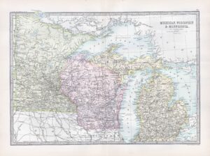 1912 Antique Map MICHIGAN WISCONSIN Minnesota Canada Huron (BWM4-71)
