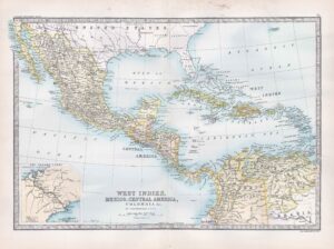 1912 Antique Map MEXICO WEST INDIES Central America Colombia (BWM4-74)