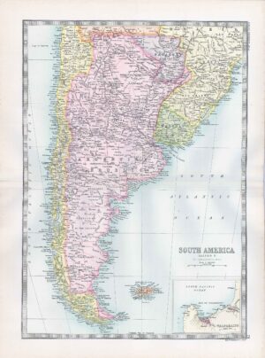 1912 Antique Map SOUTH AMERICA Argentine Paraguay Valparaiso (BWM4-78)
