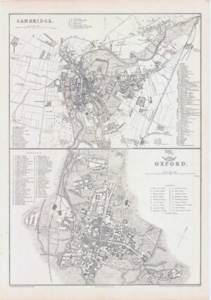 1863 Map CAMBRIDGE OXFORD Churches Colleges Halls Libraries by Weller (DA137)