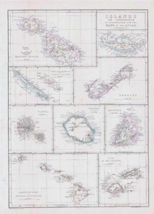 1863 Map ISLANDS OF IMPORTANCE Tahiti Bourbon Maltese Fiji Edward Weller (DA224)
