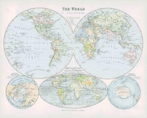 1903 Original Antique Colour Map WORLD HEMISPHERES OCEAN CURRENTS  (2)
