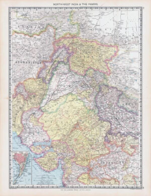 c1907 Large Antique Map NORTH WEST INDIA THE PAMIRS Kashmir Punjab Tibet (ISM)