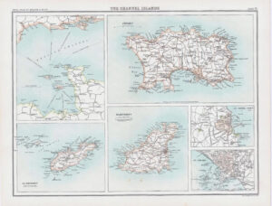 c1885 Map ENGLAND - THE CHANNEL ISLANDS Jersey Guernsey Bartholomew (RA51)