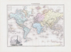 1892 Large Antique Map PLANISPHÈRE World Eiffel Tower Pyramid Liberty (NAI/8)