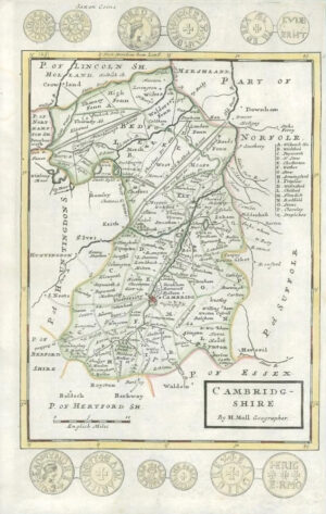 1733 - Rare Antique Map of CAMBRIDGESHIRE by Herman Moll hand coloured (11)