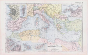 1893 Large Antique SKETCH MAP OF THE MEDITERRANEAN & ADJACENT COUNTRIES (BPA29)
