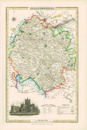 1846 - Original Antique Map of HEREFORDSHIRE by Slater HEREFORD CATHEDRAL