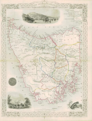 1851 Illustrated Antique Map "VAN DIEMEN'S ISLAND TASMANIA" by Tallis (DW218)