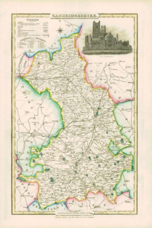 1846 - Original Antique Map of CAMBRIDGESHIRE by Slater ELY CATHEDRAL