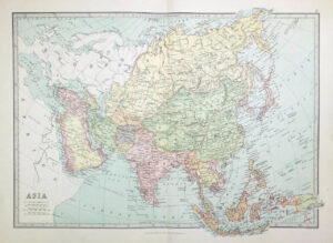 1883 Large Original Antique Colour Map of ASIA China Japan Siberia India  (PHA)