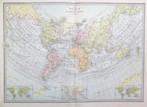 1883 - Large Original Antique Colour WORLD MAP Herschel's Projection (PHA)