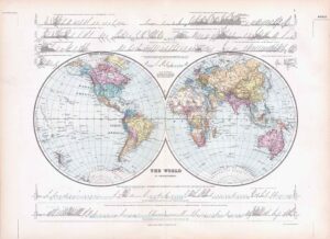 1887 Large Antique Folio Map THE WORLD IN HEMISPHERES by Stanford (SLA1)