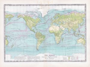 1912 Antique Map WORLD MAPS Land Surface Ocean Currents (BWM4-3)