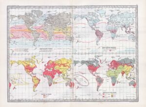 1912 Antique Map WORLD MAPS Rainfall Snowfall Religions (BWM4-4)