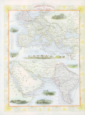 1850 Antique Map OVERLAND ROUTE TO INDIA & CHINA by Tallis (TM4-27)