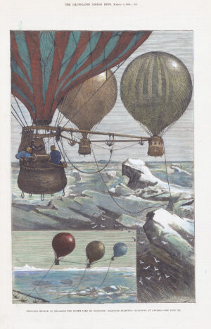 1880 Original Antique Print HOT AIR BALLOON North Pole Balloons at Anchor (LM40-2)