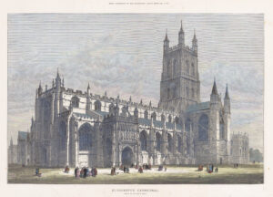 1883 Large original antique print GLOUCESTER CATHEDRAL Gloucestershire
