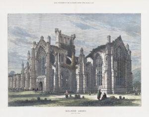 1881 Large orIginal antique print MELROSE ABBEY Scotland