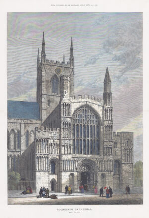 1882 Large original antique print ROCHESTER CATHEDRAL Kent