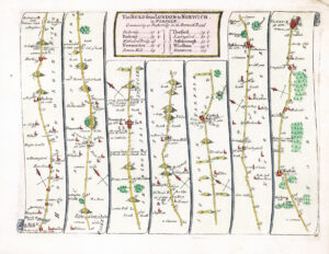 1719 Road Map LONDON TO NORWICH Norfolk Suffolk Cambridgeshire Ogilby Senex (SRM18)