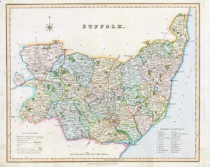 1831 - SUFFOLK Original Antique LARGE COLOURED Map by HENRY TEESDALE