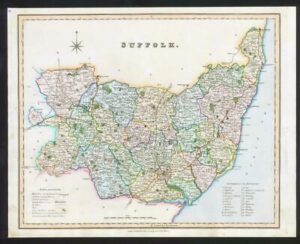 1831 - SUFFOLK Original Antique LARGE COLOURED Map by HENRY TEESDALE