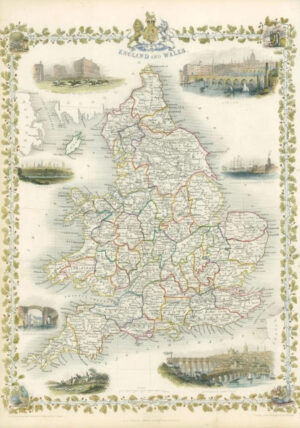 1850 Original Antique Map  "ENGLAND & WALES" by TALLIS - FULL COLOUR (TC2)