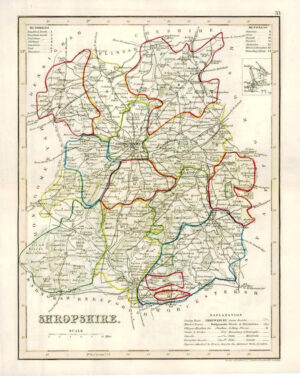 1860 Joshua Archer map of SHROPSHIRE England with outline colour (AM3/43)